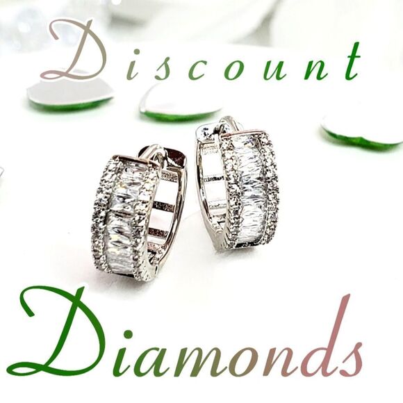 Clear White Asymmetrical & Clear White Baguette Diamond Earrings 925 Silver - Picture 5 of 8